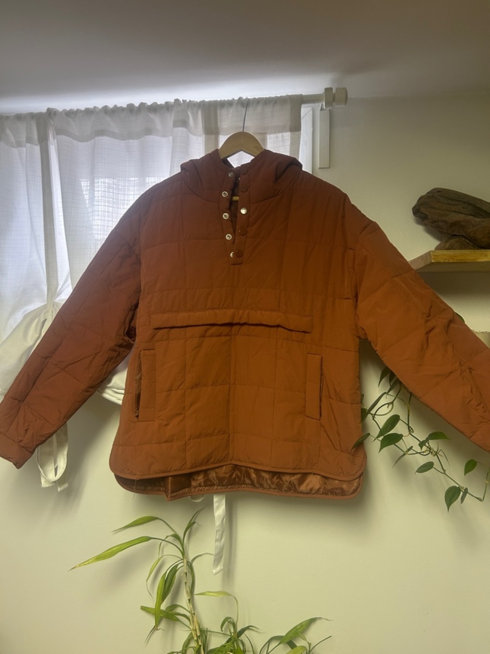 Rust Quilted Hooded Pullover Jacket